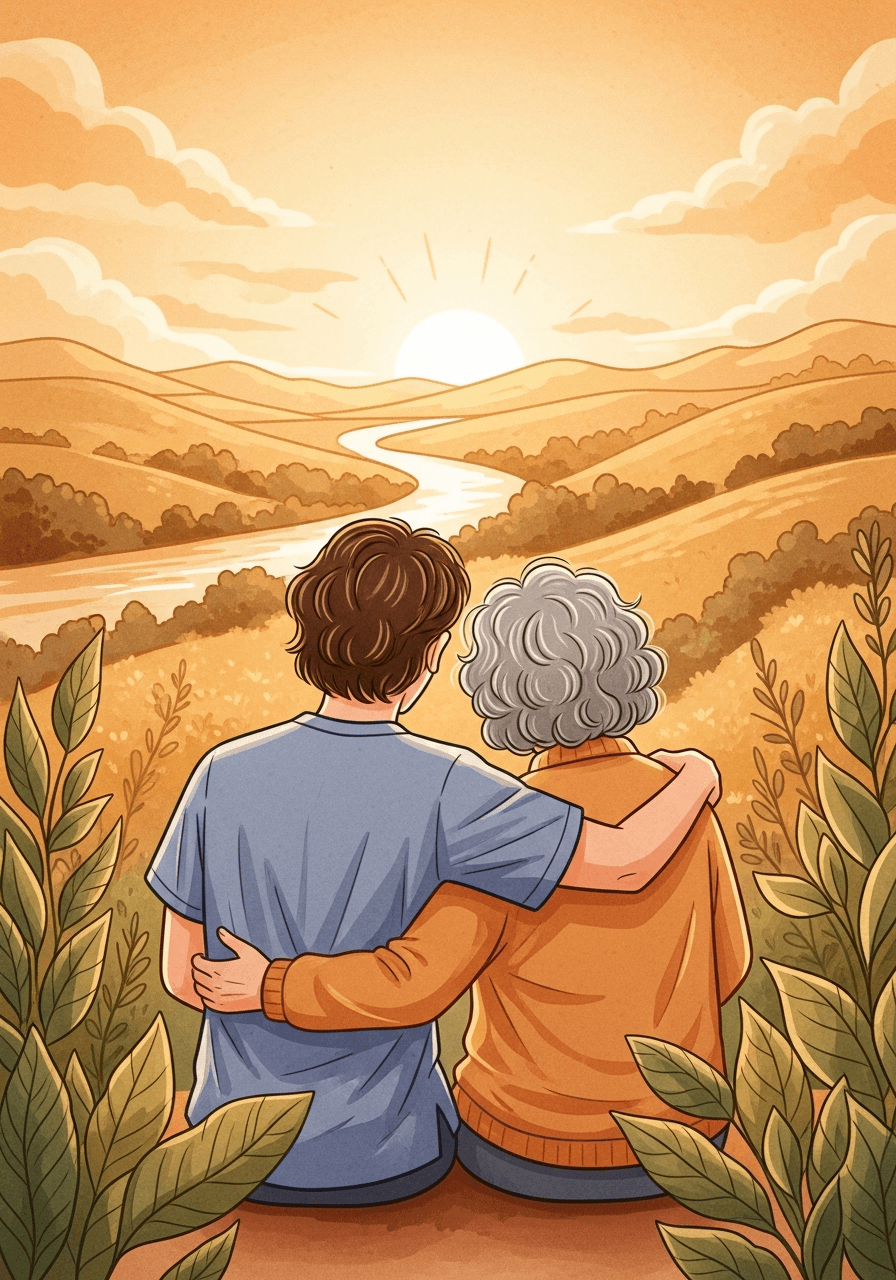 An illustration of a caregiver sitting with their loved one, looking out over a warm, sunlit valley.